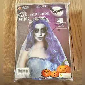 Adult NWT blue hair wig Halloween costume 17 inches length